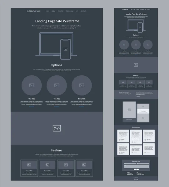 Дизайн Шаблона Сайта Темная Посадочная Страница Сайта Wireframe Интерфейс Макета — стоковый вектор