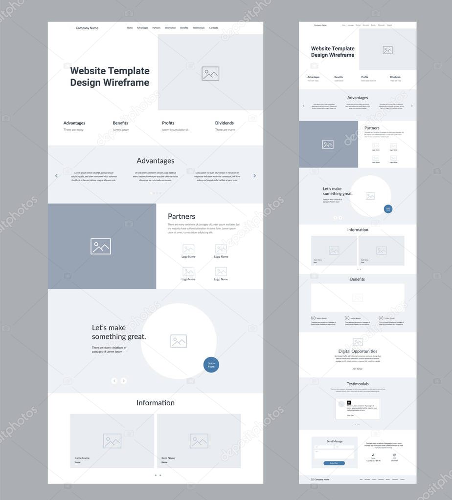 Landing page website design. One page site wireframe layout.