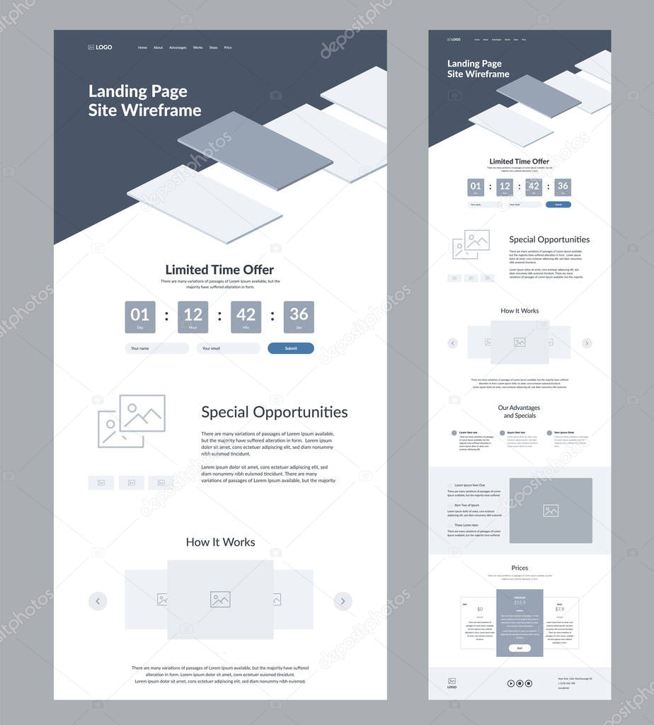 Landing page site. Dark option of website. Good wireframe layout interface design for your business.