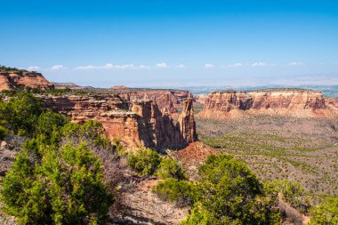 Kırmızı kayalar ve yeşillik alanları, Colorado Ulusal Anıtı 'nın Rim Rock Drive' ında görülen Anıt Kanyonu 'nun manzarasını ön plana çıkarıyor.