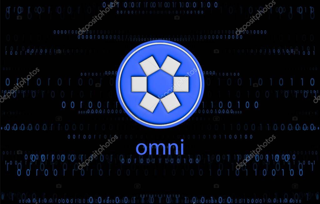 Omni network-omni cryptocurrency logos on digital background. 3d illustrations.