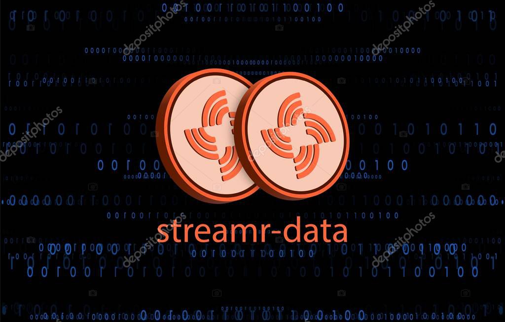 Images of streamr-data cryptocurrency logos on digital background. 3d illustrations.