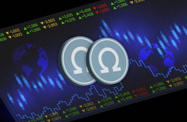 Dijital arkaplanda olimpus v2-ohm kripto para birimi resimleri. 3d illüstrasyon.