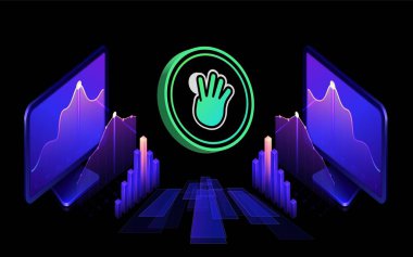 Dijital arkaplanda dört biçimli kripto para birimi görüntüleri. 3d illüstrasyon.