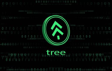 Dijital arkaplanda ağaç ağacı kripto para birimi resimleri var. 3d illüstrasyon.