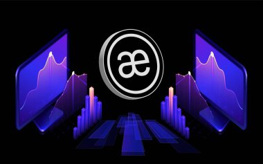 Dijital arkaplanda aevo kripto para birimi resmi. 3B çizimler.