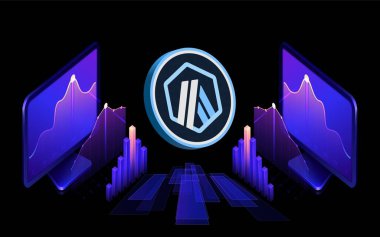 Arbitrum-yay sanal para biriminin dijital arkaplandaki görüntüsü. 3d illüstrasyon.