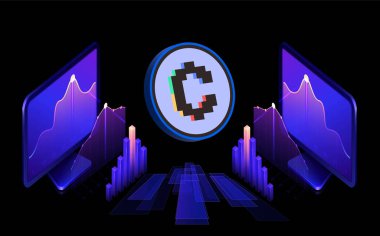 Dijital arkaplanda dışbükey finans-cvx kripto para birimi logoları resimleri. 3d illüstrasyon.