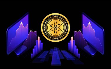 Dijital arkaplanda kozmos-atom kripto para birimi görüntüleri. 3d illüstrasyon.