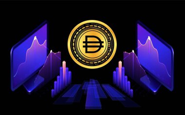 Dijital arkaplanda dai kripto para birimi resimleri. 3d illüstrasyon.