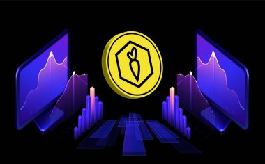 Dijital arka planda Karrat kripto para birimi logoları. 3d illüstrasyon.