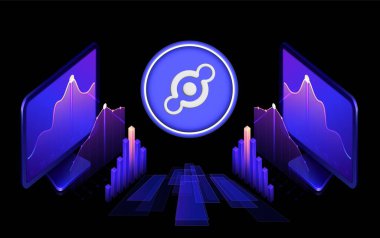 Dijital arkaplanda Helyum-hnt şifreli para birimi resimleri. 3d illüstrasyon.