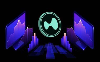 Soyut arkaplanda hipersıvı hiper kripto para birimi çizimleri. 3d illüstrasyon.