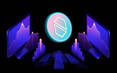 Nibiru-nibi dijital arka planda şifreli para birimi görüntüleri. 3d illüstrasyon.