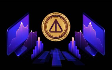 Soyut arkaplanda para değil kripto para birimi logosu çizimleri var. 3d illüstrasyon.