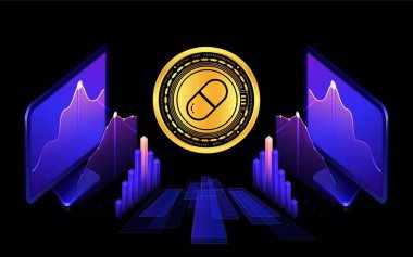 pompa. Dijital arka planda eğlence pompası kripto para birimi logoları. 3d illüstrasyon.