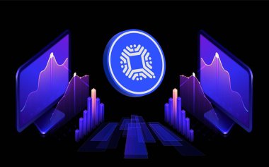 Dijital arkaplanda qtum şifreleme resimleri. 3d illüstrasyon.