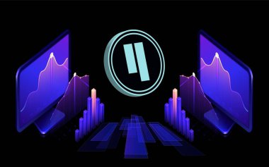 Dijital arka planda kubik kripto para birimi logoları. 3d illüstrasyon.