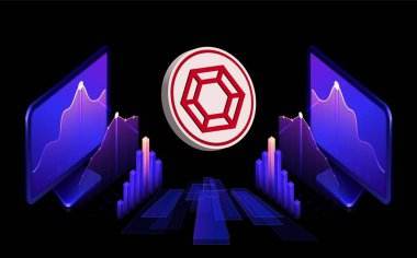 Dijital arkaplanda kırmızı taş-kırmızı kripto-para birimi logoları. 3d illüstrasyon.