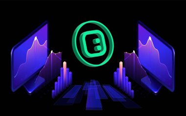 Dijital arkaplanda uzay kimlik kodlu şifreli para birimi logoları. 3d illüstrasyon.