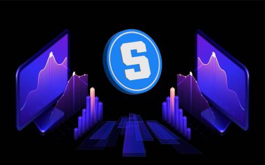 Soyut arka planda kum havuzu ve sanal para birimi logosu. 3d illüstrasyon.