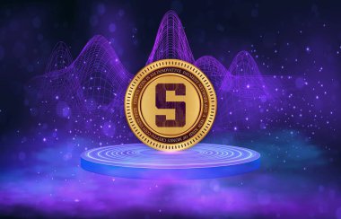 Soyut arka planda kum havuzu ve sanal para birimi logosu. 3d illüstrasyon.