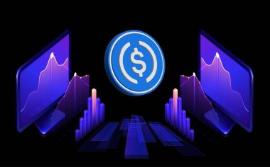 USDC dijital arkaplanda sanal para birimi görüntüleri. 3d illüstrasyon.