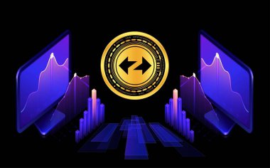 Dijital arkaplanda zksync-zk şifreli para birimi. 3B çizimler.