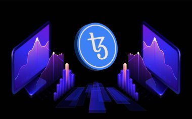 Teos-xtz dijital arkaplanda sanal para birimi görüntüsü. 3d illüstrasyon.