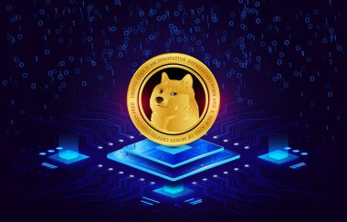 Dijital arkaplanda dogecoin-dog kripto para biriminin görüntüleri. 3d illüstrasyon.