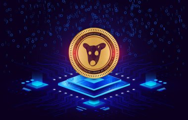 Köpekler dijital arka planda şifreli para birimi logoları. 3d illüstrasyon.