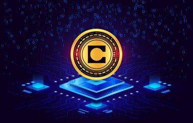 Dijital arkaplanda çello kripto para birimi resimleri. 3d illüstrasyon.