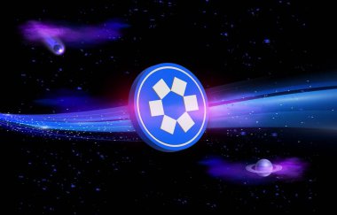 Dijital arkaplanda omni ağ-omni şifreli para birimi logoları. 3d illüstrasyon.