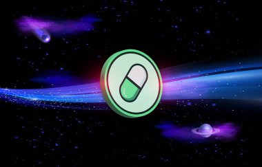 pompa. Dijital arka planda eğlence pompası kripto para birimi logoları. 3d illüstrasyon.