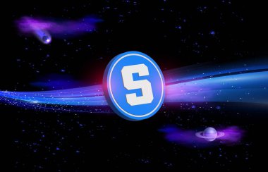 Soyut arka planda kum havuzu ve sanal para birimi logosu. 3d illüstrasyon.