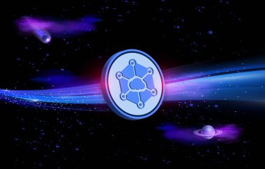 Dijital arkaplanda Storj kripto para birimi resimleri. 3d illüstrasyon.