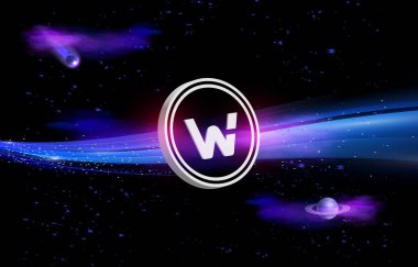 Woo ağı dijital arkaplanda sanal para birimi görüntüleri. 3d illüstrasyon.