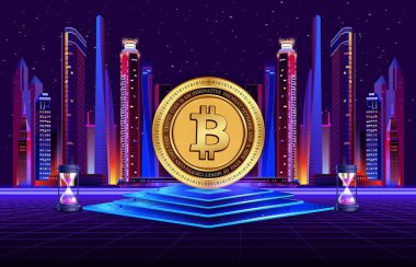 Dijital arkaplandaki bitcoin-btc logosunun görüntüleri. 3d illüstrasyon.