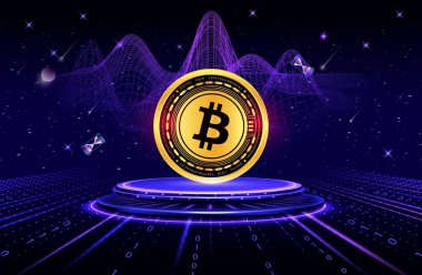 Dijital arkaplandaki bitcoin-btc logosunun görüntüleri. 3d illüstrasyon.