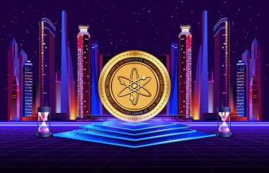 Dijital arkaplanda kozmos-atom kripto para birimi görüntüleri. 3d illüstrasyon.