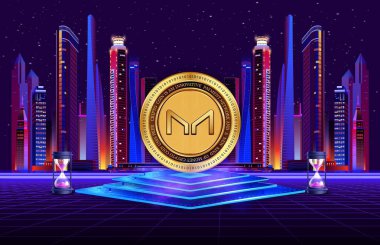 Dijital arka planda sanal para üreticisi-mkr madeni parasının bir görüntüsü. 3d illüstrasyon.