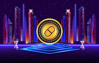 pompa. Dijital arka planda eğlence pompası kripto para birimi logoları. 3d illüstrasyon.