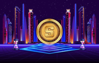 Soyut arka planda kum havuzu ve sanal para birimi logosu. 3d illüstrasyon.