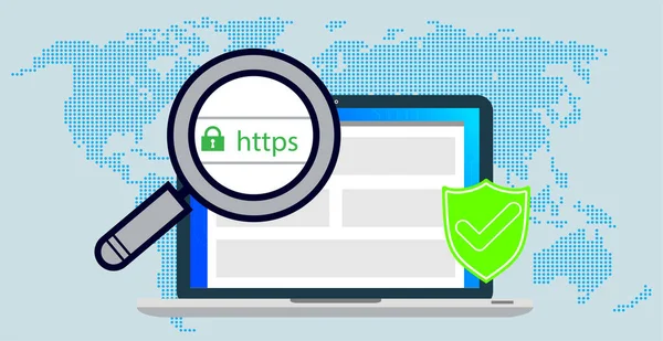 Http ve Https protokolleri kalkanda. Güvenli ve güvenli Https. Güvenlik kalkanı ve asma kilit sembolleri. http ve https protokolleri bilgisayar ekranında kalkanda. 