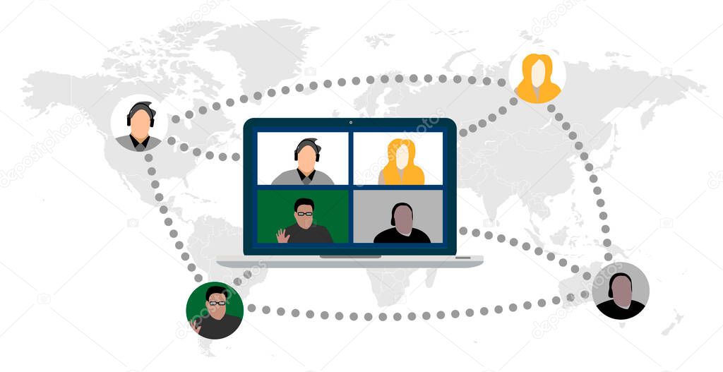 people connecting, learning or meeting online with teleconference, video conference remote working on the laptop computer, work from home and work from anywhere concept, flat vector illustration