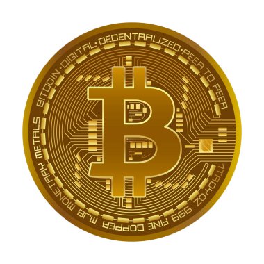 Yüzünde bitcoin sembolü olan kripto altın sikke. Vektör çizimi. Tasarım için kullanılır.