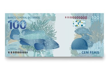 Yüz Brezilyalı parasının banknotu. 100 Brezilya Reals banknotunun tersi. Vektör illüstrasyonu.