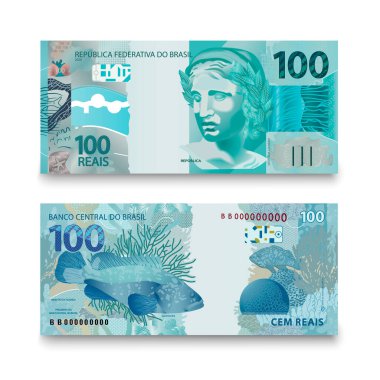 Yüz Brezilyalı parasının banknotu. 100 Brezilya Reals banknotunun tersi ve tersi. Vektör illüstrasyonu.