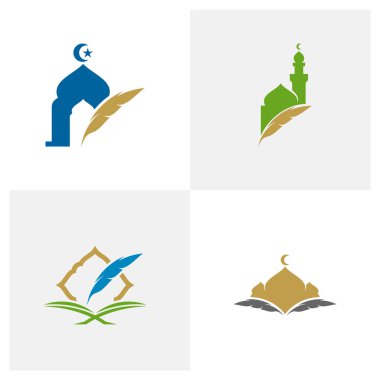 Cami logo tasarımı vektör illüstrasyonu, Yaratıcı İslami logo tasarım konsept şablonu, sembol simgeleri içeren Tüy kümesi