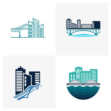 Bina logosu tasarımı vektör illüstrasyonu, Creative Bridge logo tasarım konsept şablonu, sembol simgeleri içeren bir köprü kümesi